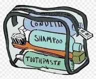 toiletry bag with conditioner, shampoo, toothbrush and toothpaste