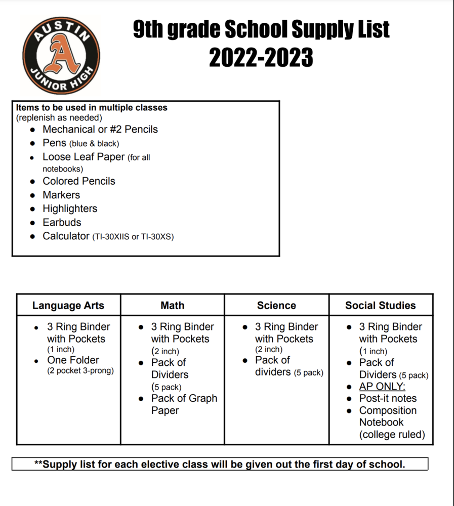 9th Grade 22-23 School Supply List