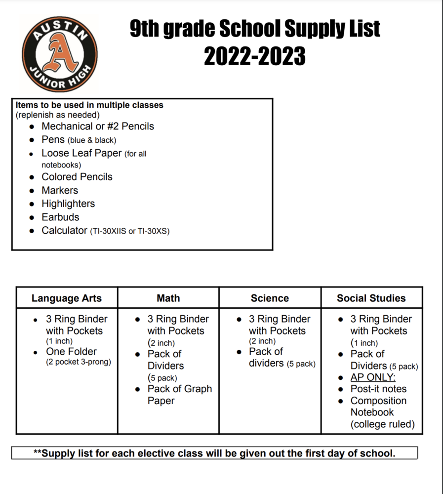 9th Grade 2223 School Supply List Austin Junior High School