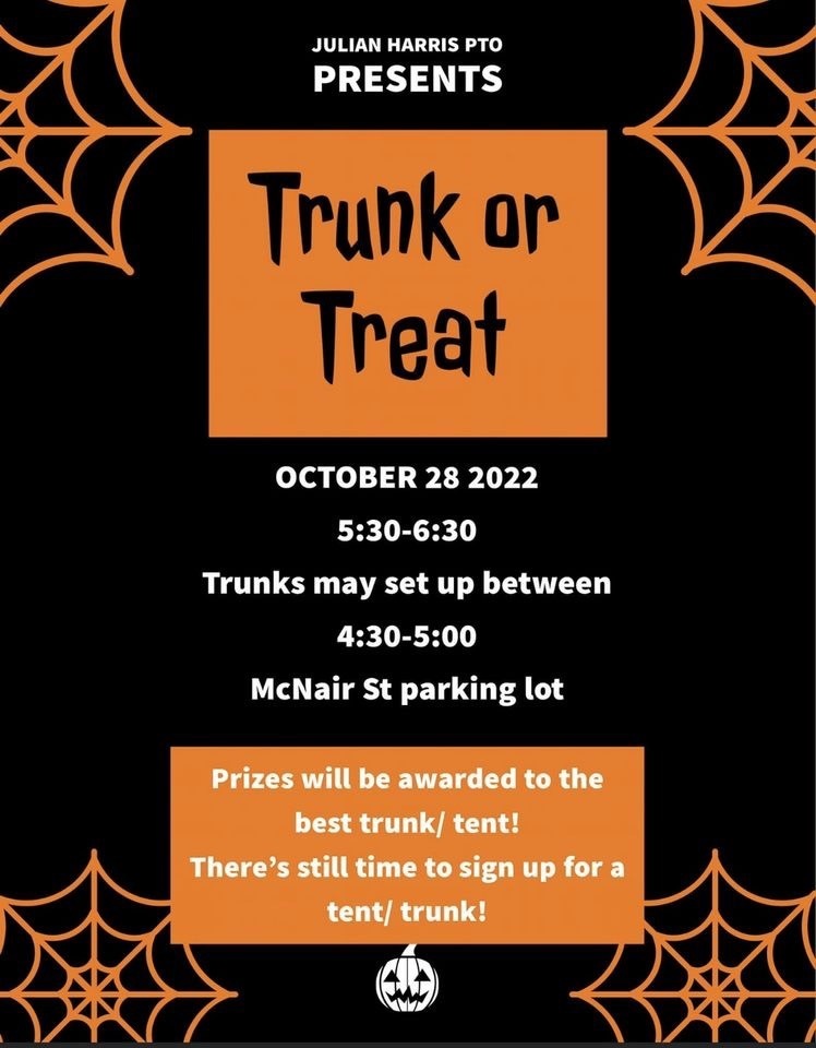 Trunk or Treat October 28, 2022. 5:30 to 6:30. Trunks may set up between 4:30 and 5. McNair St Parking Lot. Prizes will be awarded to the best trunk/tent. There's still time to sign  up for one!